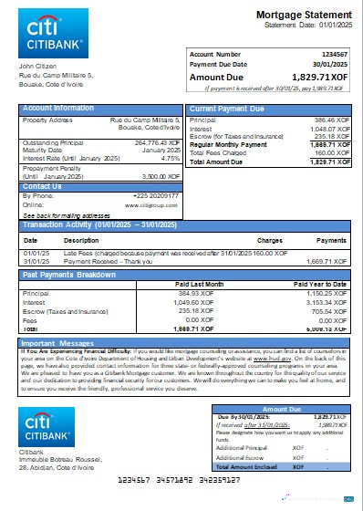Download Cote d’Ivoire Citibank bank mortgage statement scr Photoshop template